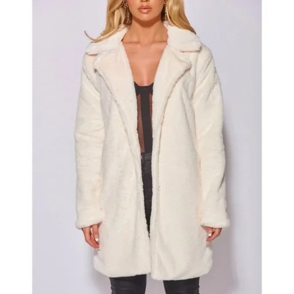 White Faux Fur Long Sleeve Collared Loose Fit Midi Coat - Picture 9 of 14
